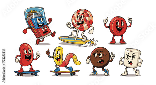 Funny Cartoon Charaters Playful candy and snack mascots skateboarding, surfing, and having fun, isolated on white