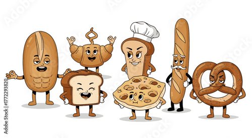 An amusing ensemble of diverse bakery items brought to life as funny cartoon characters, ideal for cheerful food-themed designs