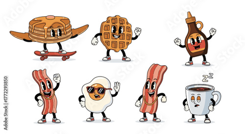 Funny Cartoon Characters Whimsical breakfast food illustrations with cheerful expressions and lively, delightful designs