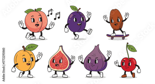 Engaging set of funny cartoon characters, showcasing various animated fruits with cheerful expressions and dynamic poses