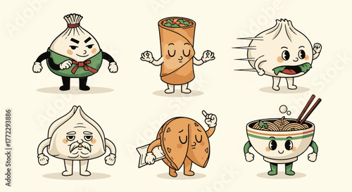 A delightful collection of Funny Cartoon Charaters featuring various delicious Asian food items, bringing joy and humor with their expressive designs