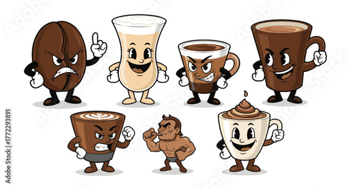 A fun assembly of funny cartoon characters, personifying coffee beans, different beverage cups, and a muscular barista