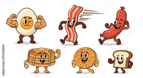 Funny Cartoon Characters of delicious breakfast foods like eggs, bacon, pancakes, and toast, showcasing a playful and energetic morning meal