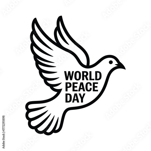 World Peace Day Dove Icon: Black Outline Vector Symbol of Freedom.