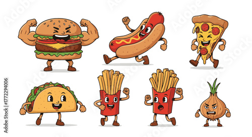 Energetic and Hilarious Fast Food Friends A Collection of Funny Cartoon Characters with Playful Expressions and Poses