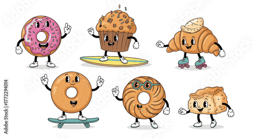 Funny Cartoon Characters Playful collection of animated donuts, croissants, and muffins in various active poses, isolated