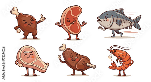 Engaging Funny Cartoon Characters Animated meat, fish, and shrimp, expressing diverse emotions, ideal for lively culinary themes