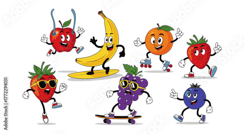 Joyful and energetic fruit Funny Cartoon Characters enjoying various playful activities like skateboarding and roller skating