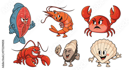 Funny Cartoon Characters Playful collection of expressive seafood, featuring fish, crustaceans, and shellfish designs