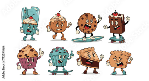 Funny Cartoon Characters Collection Playful Retro Dessert Treats with Cupcakes, Cookies, and Pies on Skateboards