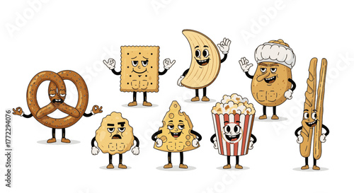 Funny Cartoon Characters bringing a diverse assortment of cheerful snack foods to life, featuring playful, anthropomorphic crispy treats