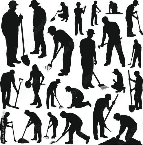 Gardening workers silhouette, manual labor tools, outdoor farming activity, shovel rake hoe trowel, agriculture teamwork, soil digging, landscaping illustration