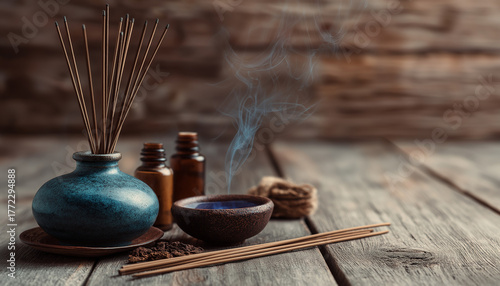 Aromathreapy background with aroma cones and sticks. Scence nad relax theme.