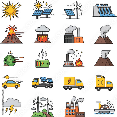 Collection of hand drawn icons illustrating renewable and non renewable energy sources