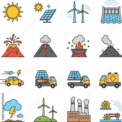 Collection of eco friendly renewable energy sources and pollution icons set