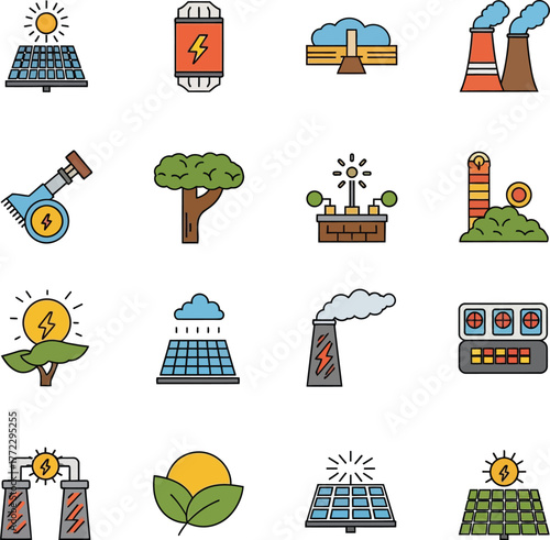 Collection of flat icons representing renewable energy sources and sustainable power generation