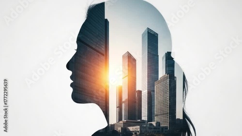 Silhouette of a woman with a city skyline overlayed on her head against a white background