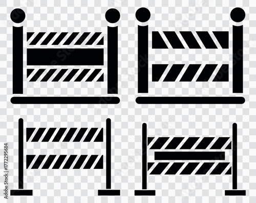 Construction Barrier and Safety Fence Icons Set, Flat Road Block and Work Zone Warning Symbols Vector