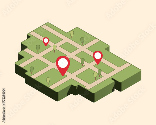 Isometric Map with Location Pins and Buildings