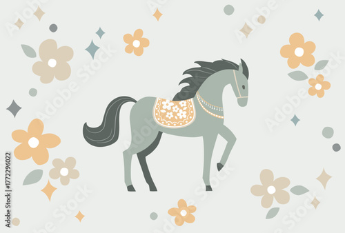 グリーティングカード　かわいい馬のイラスト　ハガキテンプレート