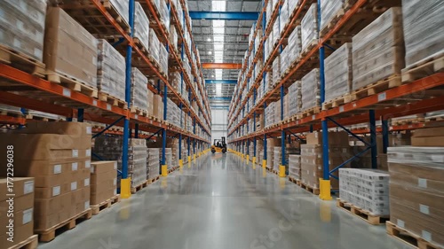 Vertical video moving through a large warehouse aisle with tall shelves. Stocked pallets of goods in a modern distribution center. Logistics and supply chain management concept