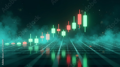 3D futuristic glowing candlestick chart in various color palettes on a dark reflective surface with cinematic lighting and depth. AI Generated.