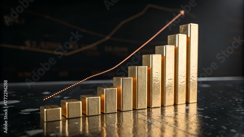 Stunning golden bar graph showing steady business growth trending upwards on dark marble, perfect for financial success and investment presentations