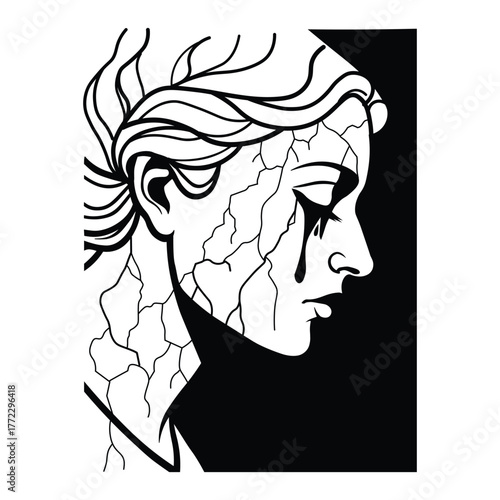 broken soul carved in silence, Through cracks of pain, a statue weeps softly, revealing the fragile beauty of despair.