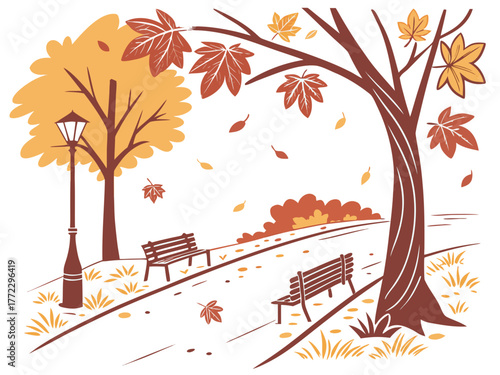 Vibrant autumn park landscape with falling leaves, empty benches, and a winding path under colorful trees, evoking a sense of tranquility and seasonal beauty