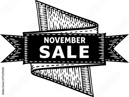 Retro-style November Sale announcement on an engraved ribbon banner. A vintage-inspired graphic for autumn marketing and promotional campaigns