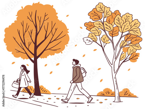 Autumn stroll a couple walking amidst falling leaves in a park during a crisp fall day