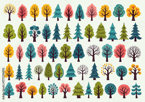 Whimsical Stylized Tree Vector Clipart Set - Diverse Hand-Drawn Folk Art Trees Collection for Fall and Nature Designs