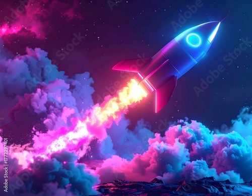 A neon rocket soaring through purple clouds and a starry night sky