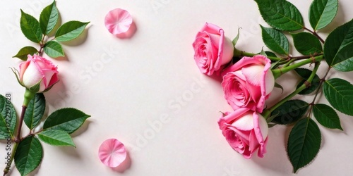 Delicate Pink Roses and Lush Green Foliage Arranged on a Soft Background, Creating a Romantic and Elegant Floral Composition Perfect for Invitations or Greeting Cards