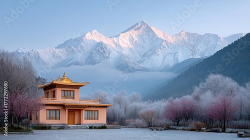 Wallpaper Mural Tranquil temple nestled amidst snow capped mountains and blooming cherry trees during sunrise with golden roof detail Torontodigital.ca