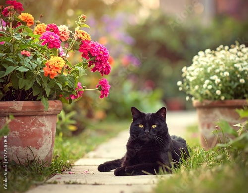 A sleek black cat lounges on a path, surrounded by colorful flowers