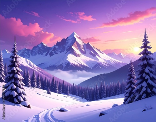 A snowy winter landscape with snow-covered mountains and sunset