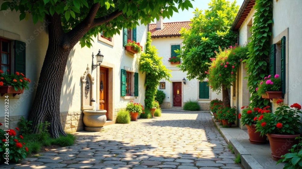 Naklejka premium Sun-drenched cobblestone lane with charming houses, lush greenery, and vibrant flower boxes