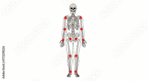A detailed 2D illustration of a human skeleton with red markers on joints against a white background.