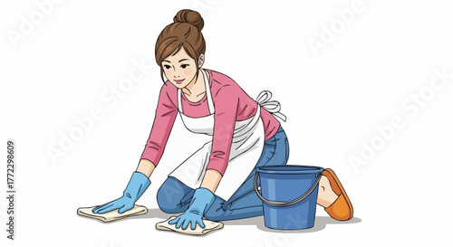 Woman Cleaning Floor — Vector Illustration of Asian Housekeeper with Bucket and Cloth in Minimal Cartoon Style
