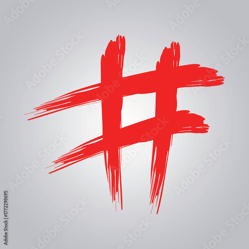Red Brushstroke Hashtag Symbol Vector, Artistic Grungy Paint Mark for Social Media Trending