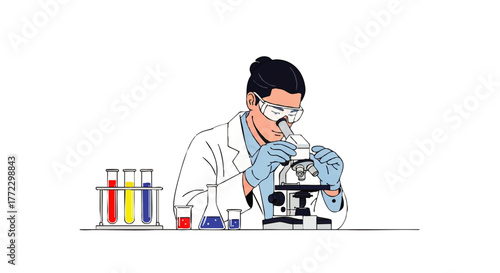 A scientist in a white lab coat examines a specimen with a microscope on a white background, surrounded by colorful test tubes and laboratory equipment in a 2D illustration.