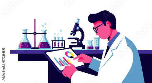 A scientist in a lab coat examines a colorful graph on a tablet amidst laboratory equipment on a white background in a 2D illustration.