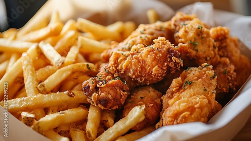 Serving of fries and pop corn chicken in basket with fresh