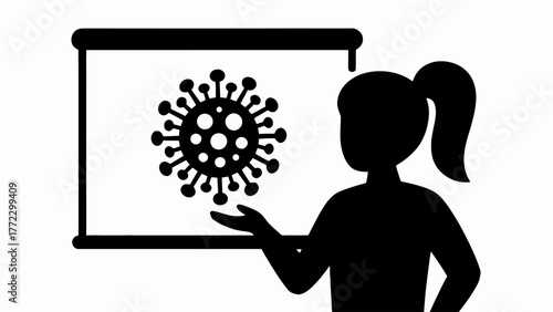 Presentation on Coronavirus COVID19 Pandemic with Silhouette of Woman Explaining Virus Anatomy and Spread Information Graphics in Black and White