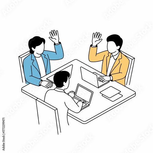 Business Meeting with Team Members Using Laptops and Raising Hands for Collaboration and Idea Generation Concept for Success