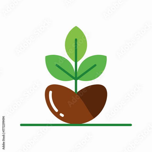 Minimalist illustration of a seed sprouting green leaves symbolizing growth and new beginnings with clean lines and simple shapes