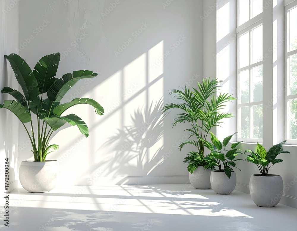 Fototapeta premium Large green potted plants in a bright room with sunlight streaming in