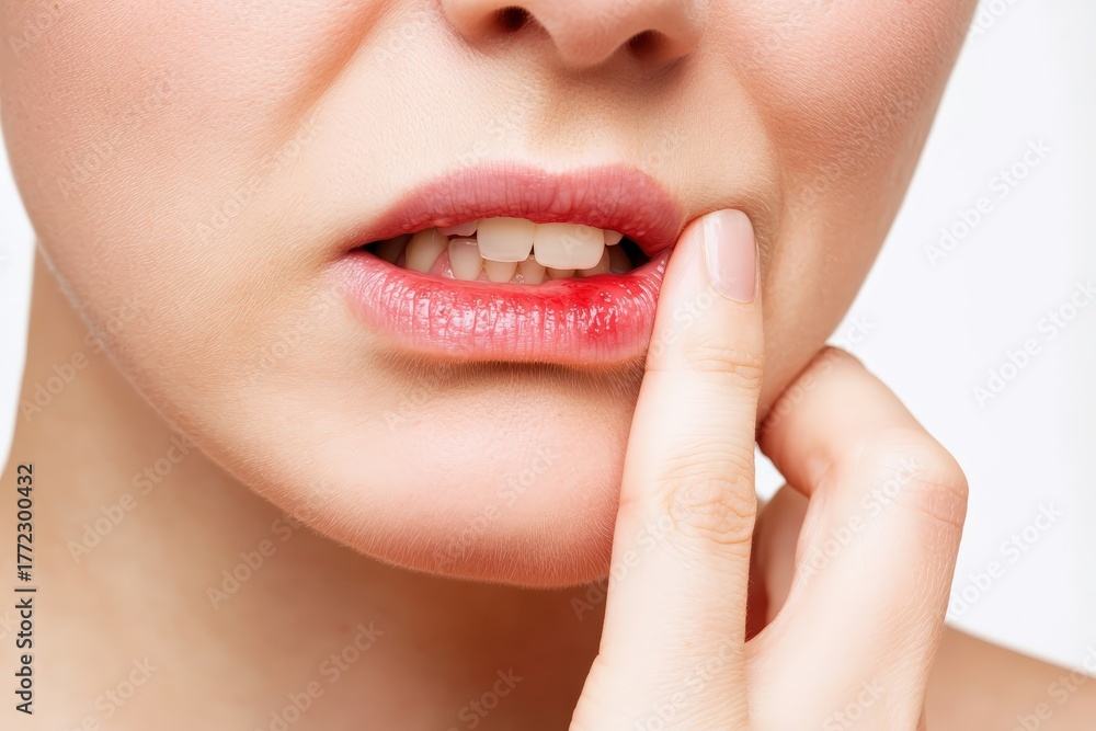 Obraz premium Woman with dry, chapped, cracked lips showing pain and irritation from dehydration or sensitive skin, close up studio shot