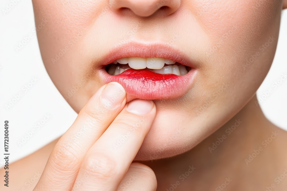 Obraz premium Woman touching her red, sore lower lip, experiencing pain from herpes or a similar oral health issue